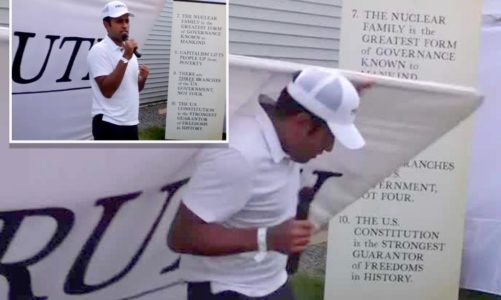 Ramaswamy’s ‘Truth’ sign topples on him during campaign event